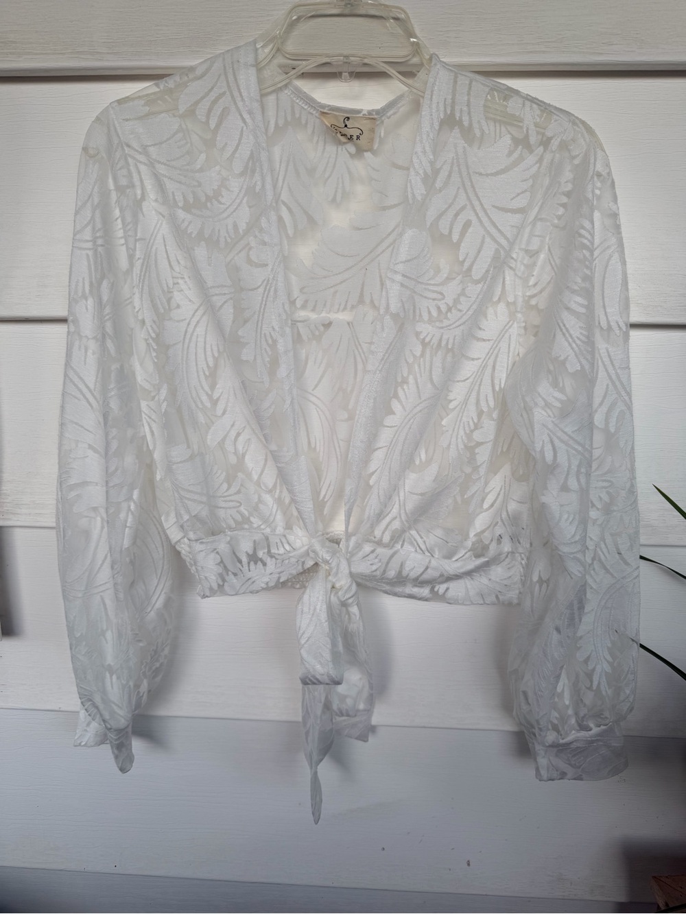 Ember White Sheer Burnout Palm Leaf Cropped Tie Front Blouse Large
